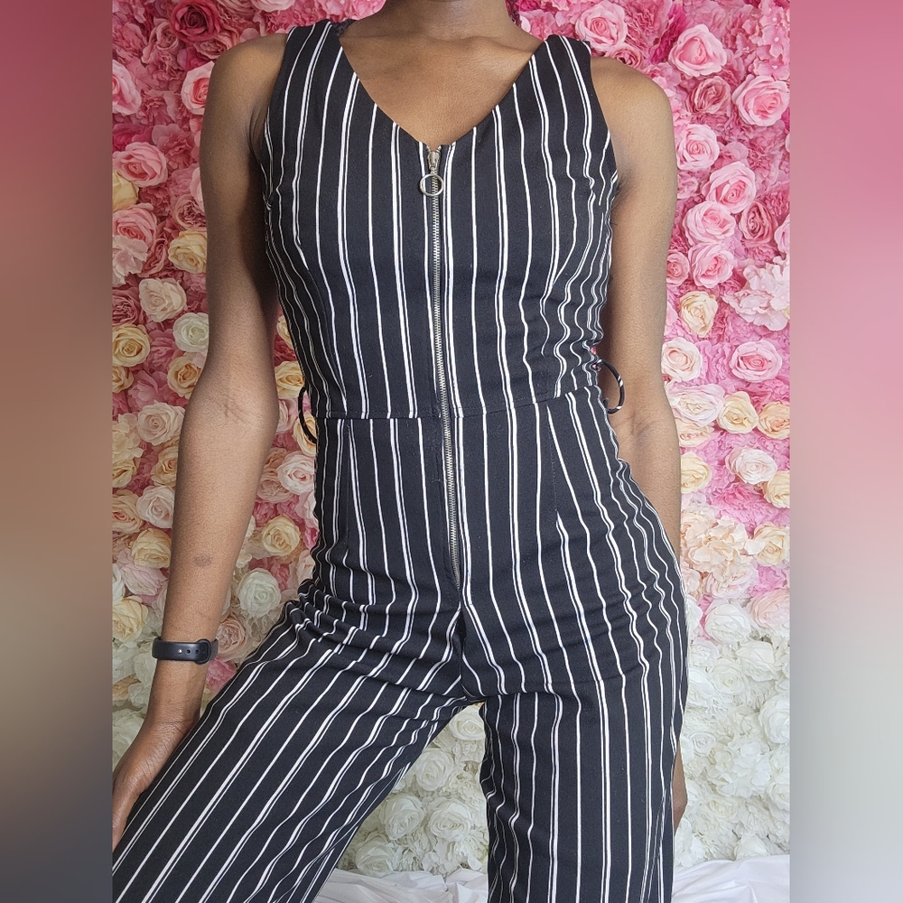 Black & White Striped Front-zip Jumpsuit